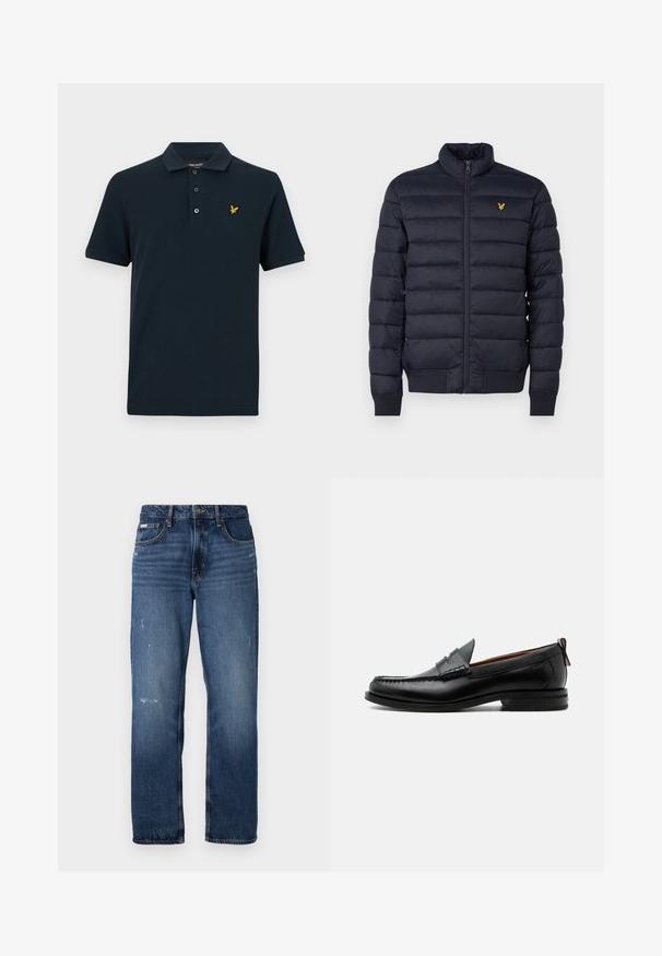 Doudoune marine avec col montant, texture à coutures horizontales, fermeture éclair devant et poignets côtes. Dispose d'un petit logo doré sur la poitrine.; Polo shirt marine en coton, doté d'un col classique, d'une patte de boutonnage à trois boutons et d'un petit logo aigle jaune sur la poitrine gauche.; Jeans en denim bleu avec une coupe droite. Présente des zones décolorées et un léger effet usé à l'avant, avec une fermeture classique à boutons.; Mocassin homme en cuir noir avec couture moc toe, bride penny, col texturé et petit talon empilé sur fond blanc.
