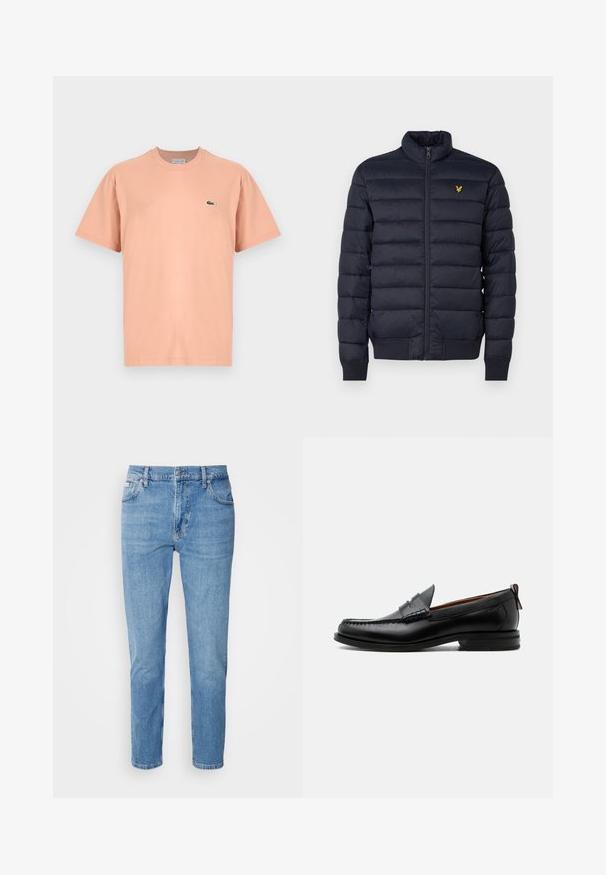 Chaqueta acolchada navy con cuello alto, textura de costura horizontal, cierre de cremallera en la parte delantera y puños de canalé. Presenta un pequeño logo dorado en el pecho.; Camiseta de manga corta y cuello redondo en algodón color durazno claro con un pequeño logo de cocodrilo verde de Lacoste en el lado izquierdo del pecho.; Vaqueros de mezclilla azul claro con corte recto, diseño de cinco bolsillos y un sutil desgastado. Presentan un cierre de botón y pasadores para cinturón.; Mocasín de hombre de piel negra con costura moc toe, tira penny, cuello texturizado y tacón bajo apilado sobre fondo blanco.