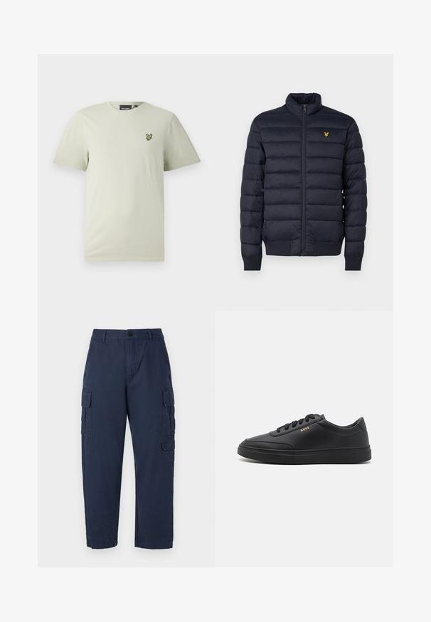 Doudoune marine avec col montant, texture à coutures horizontales, fermeture éclair devant et poignets côtes. Dispose d'un petit logo doré sur la poitrine.; T-shirt en coton vert clair à manches courtes et col rond, avec un petit logo vert brodé sur la poitrine gauche.; Pantalons cargo navy en coton. Caractéristiques : deux poches latérales, fermeture à bouton et design droit. Texture lisse et coupe décontractée.; Baskets en cuir noir avec une texture lisse, bout rond, semelle en caoutchouc plate et lacets ton sur ton. Présente une marque "BOSS" dorée sur le côté.