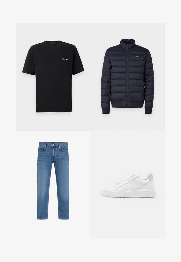 Marineblå pufferjakke med høj krave, vandret quiltet struktur, lynlåslukning foran og ribbet manchetter. Har et lille gyldent logo på brystet.; Sort kortærmet T-shirt med rund halsudskæring og lille hvid "BELSTAFF" logo på venstre bryst mod en ensfarvet baggrund.; Blå straight-leg denimjeans med fem lommer, knap og lynlås lukning, og subtil falming på lårene.; Hvide lædersneakers med en glat finish, rund tå, flade snørebånd og en struktureret sål. Grå ruskindsdetalje ved hælen.