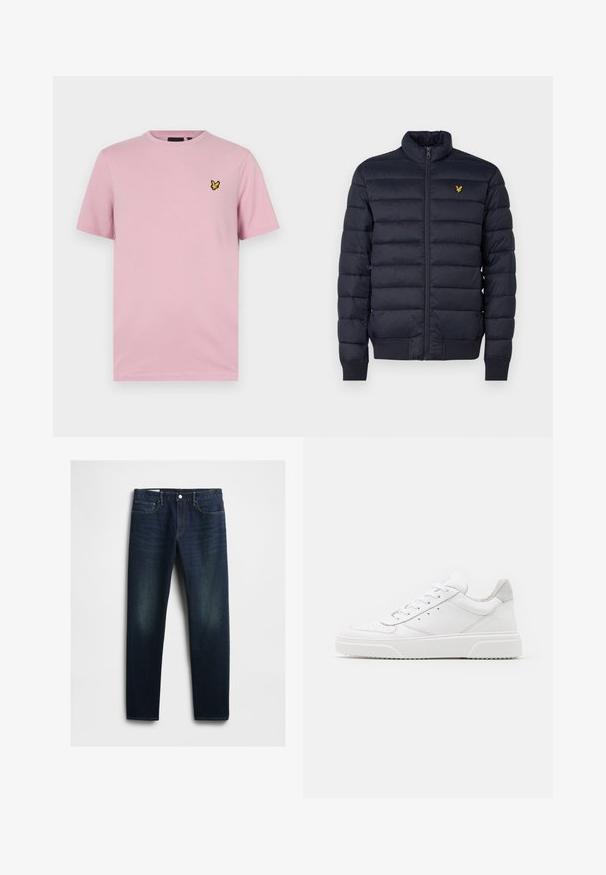 Doudoune marine avec col montant, texture à coutures horizontales, fermeture éclair devant et poignets côtes. Dispose d'un petit logo doré sur la poitrine.; T-shirt rose à manches courtes en tissu doux, avec un petit logo de papillon jaune brodé sur la poitrine gauche.; Jean en denim bleu foncé avec une coupe droite, comportant cinq poches, une braguette à boutons et un léger décoloration sur les cuisses. Détails de couture classiques.; Des baskets en cuir blanc avec une finition lisse, un bout rond, des lacets plats et une semelle texturée. Accents en daim gris au niveau du talon.