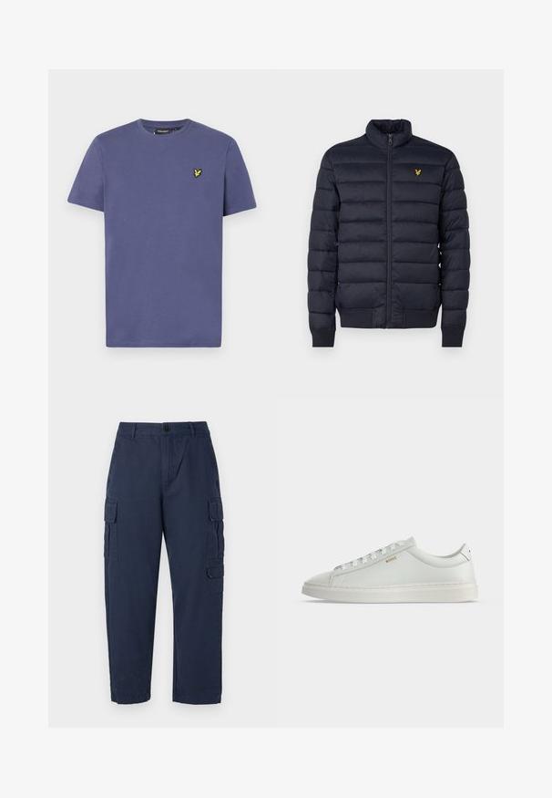 Doudoune marine avec col montant, texture à coutures horizontales, fermeture éclair devant et poignets côtes. Dispose d'un petit logo doré sur la poitrine.; T-shirt en coton violet clair à manches courtes, col rond et avec un petit logo jaune brodé sur la poitrine.; Pantalons cargo navy en coton. Caractéristiques : deux poches latérales, fermeture à bouton et design droit. Texture lisse et coupe décontractée.; Baskets basses blanches en cuir avec lacets, semelle plate et petit logo doré "BOSS" sur le côté, vues de l'extérieur.
