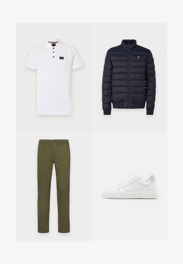 Doudoune marine avec col montant, texture à coutures horizontales, fermeture éclair devant et poignets côtes. Dispose d'un petit logo doré sur la poitrine.; Polo shirt blanc en coton texturé, avec une patte de boutonnage à trois boutons, des manches courtes et une patch logo noir sur la poitrine.; Chinos en coton vert olive avec une coupe droite, présentant une fermeture à bouton à l'avant, des poches latérales et des ourlets nets.; Des baskets en cuir blanc avec une finition lisse, un bout rond, des lacets plats et une semelle texturée. Accents en daim gris au niveau du talon.