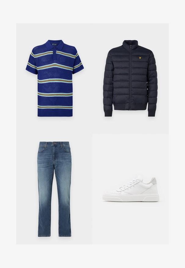 Marineblauer Puffer-Jacke mit hohem Kragen, horizontal gestepptem Muster, Reißverschluss vorne und gerippten cuffs. Enthält ein kleines goldenes Logo auf der Brust.; Blaues gestricktes Poloshirt mit kurzen Ärmeln, das horizontale Streifen in Weiß, Grün und Rot sowie eine Knopfleiste mit drei Knöpfen aufweist.; Denim-Jeans in einer mittelblauen Waschung mit geradem Bein, fünf Taschen und einem klassischen Knopf- und Reißverschlussverschluss. Verwaschene Details an den Oberschenkeln.; Weiße Leder-Sneaker mit glatter Oberfläche, rundem Zehenbereich, flachen Schnürsenkeln und strukturiertem Schuhsohlen. Graues Wildleder-Detail an der Ferse.