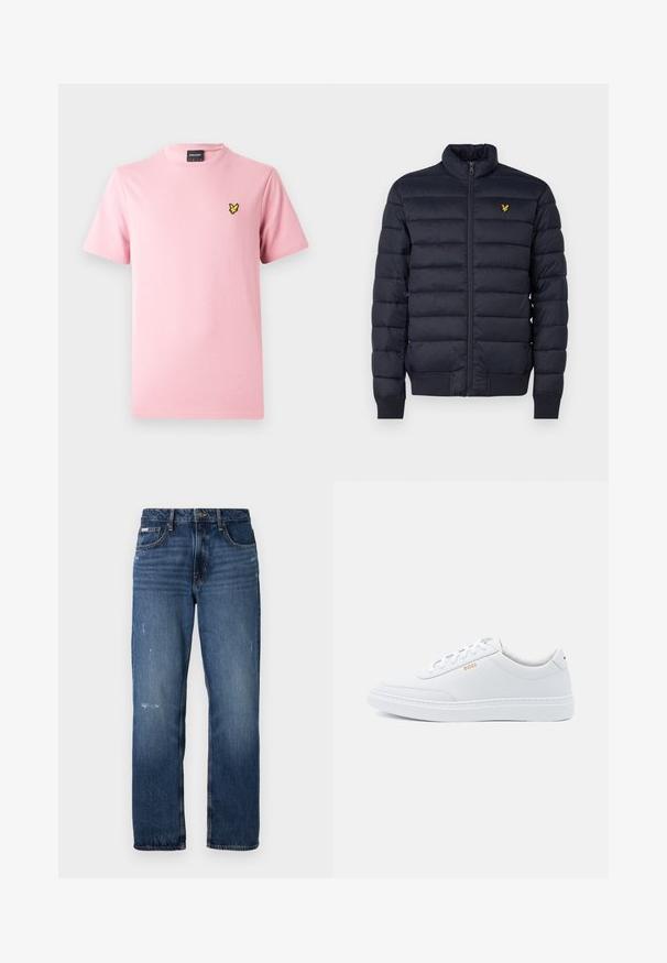 Marineblauer Puffer-Jacke mit hohem Kragen, horizontal gestepptem Muster, Reißverschluss vorne und gerippten cuffs. Enthält ein kleines goldenes Logo auf der Brust.; Rosa T-Shirt mit kurzen Ärmeln aus Baumwolle, mit einem kleinen schwarzen und gelben bestickten Vogel-Logo auf der linken Brust.; Blaue Denim-Jeans mit geradem Bein. Sie verfügen über ausgewaschene Bereiche und leichte Abnutzungsspuren auf der Vorderseite sowie einen klassischen Knopfverschluss.; Weiße Leder-Sneaker mit glatter Textur, runder Zehenpartie und tonal abgestepptem Design. Mit blauen Schnürsenkeln und einem goldenen Logo an der Seite.