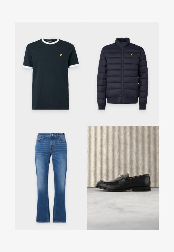 Chaqueta acolchada navy con cuello alto, textura de costura horizontal, cierre de cremallera en la parte delantera y puños de canalé. Presenta un pequeño logo dorado en el pecho.; Camiseta de algodón azul marino con cuello ribeteado y bordes de las mangas en blanco. Presenta un pequeño logo bordado amarillo a la izquierda del pecho.; Vaqueros acampanados de mezclilla en azul medio. Presentan un diseño de cinco bolsillos, detalles cosidos, un cierre de botón y una textura ligeramente desgastada en las piernas.; Mocasín de cuero negro con una placa metálica de marca apoyado cerca de una mesa redonda marrón sobre un suelo alfombrado beige.