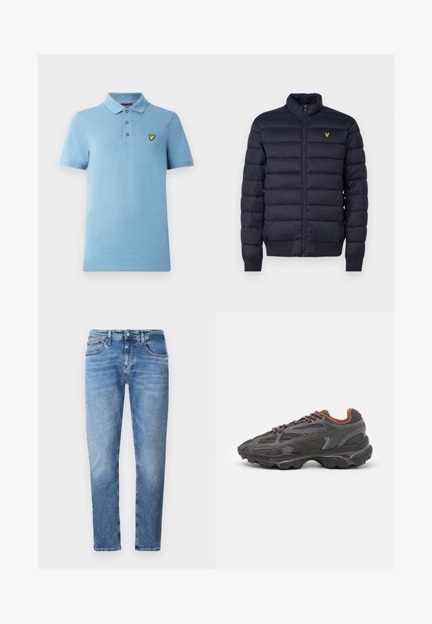 Chaqueta acolchada navy con cuello alto, textura de costura horizontal, cierre de cremallera en la parte delantera y puños de canalé. Presenta un pequeño logo dorado en el pecho.; Polo azul claro confeccionado en tela suave, con una tapeta de tres botones y un logo bordado amarillo en el lado izquierdo del pecho. Manga corta.; Pantalones de mezclilla de color azul claro con un diseño ajustado, estilo estándar de cinco bolsillos y un ligero desgaste. El bajo es recto con poco deshilachado.; Zapatillas Lacoste en gris oscuro con material de malla y sintético, que cuentan con una suela texturizada y detalles en marrón en el cuello y la marca.