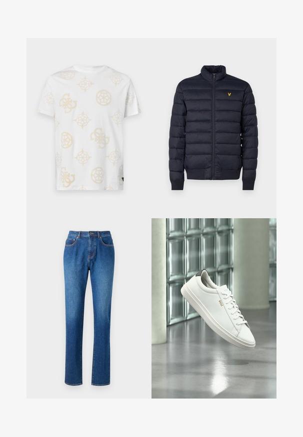 Doudoune marine avec col montant, texture à coutures horizontales, fermeture éclair devant et poignets côtes. Dispose d'un petit logo doré sur la poitrine.; T-shirt en coton blanc avec un motif abstrait beige clair comportant diverses formes géométriques et logos. Col rond et manches courtes.; Jean en denim bleu avec une coupe droite, cinq poches, une taille avec passants de ceinture et des coutures contrastées le long des coutures.; Baskets basses en cuir blanc avec lacets, languette de talon noire et logo « BOSS », flottant à l'intérieur près d'un mur en blocs de verre et d'un sol poli.