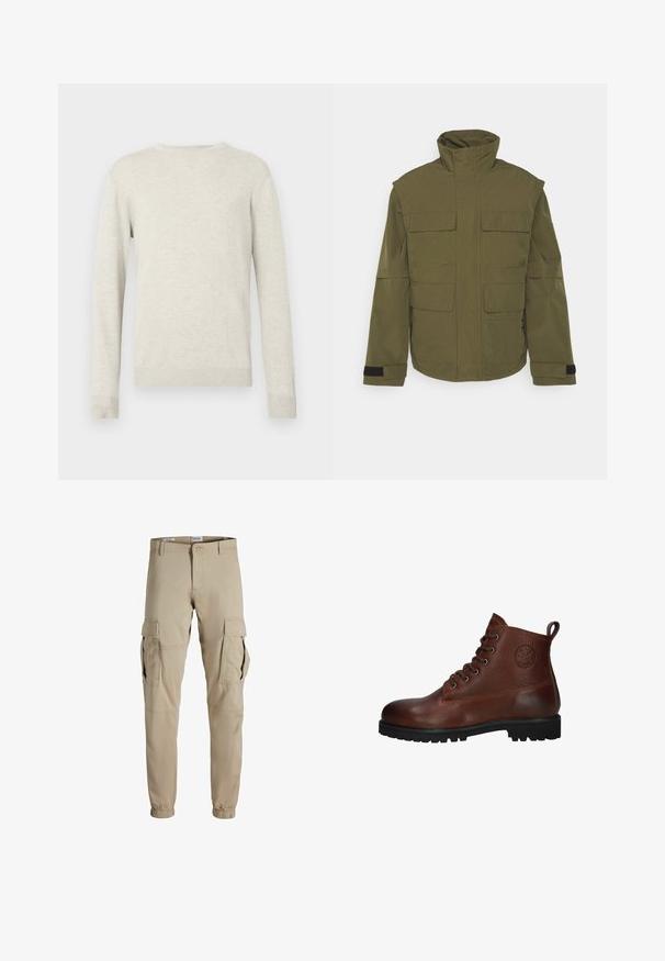 Jack & Jones JCOTWILL FIELD JACKET - Letná bunda - olive night; Beżový sveter s dlhým rukávom a okrúhlym výstrihom, s rebrovanými manžetami a spodným lemom, vystavený na jednolatom bielom pozadí.; Béžové cargo nohavice vyrobené z ľahkej tkaniny, s viacerými bočnými vreckami, elastickými manžetami a klasickým pásom. Hladká textura po celom povrchu.; Hnedá kožená členková obuv s textúrovaným povrchom, šiestimi očkami, čiernou gumovou podrážkou a pútkom pre jednoduché obúvanie.