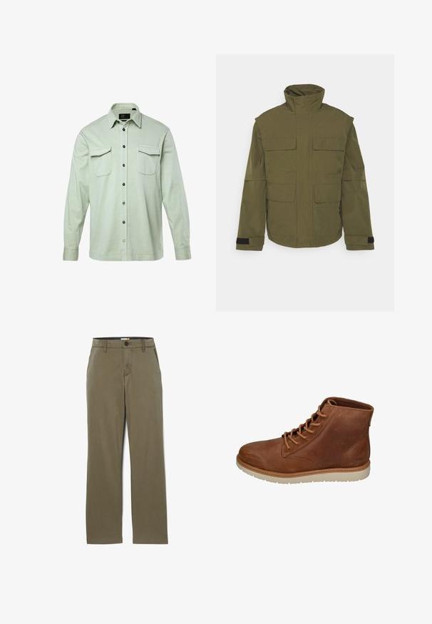 Jack & Jones JCOTWILL FIELD JACKET - Let jakke / Sommerjakker - olive night; Lys grøn langærmet skjorte med knapfront, to brystlommer og sorte knapper. Fremstillet af tekstureret stof, med foldet krave og manchetter.; Oliven grøn bomuldsbukser med lige ben, der har en knaplukning og bæltestropper. Glat tekstur med subtile stingdetaljer.; Brune læder ankelstøvler med snørelukning, gummisål og syede detaljer. Har en glat tekstur og et minimalistisk design.