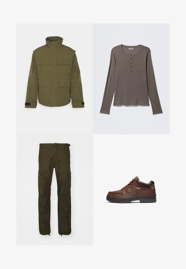 Jack & Jones JCOTWILL FIELD JACKET - Letná bunda - olive night; Dlhý sivý henley s piatimi gombíkmi a okrúhlym výstrihom, zobrazený na jednoduchom bielom pozadí.; Olivové cargo nohavice vyrobené z odolného materiálu, s gombíkovým zapínaním, viacerými bočnými vreckami a elastickými manžetami na členkoch.; Hnedá kožená topánka s klasickým dizajnom, ktorá má šnurovanie, zelené akcenty a odolnú čiernu gumenú podrážku. Viditeľná značka GORE-TEX®.
