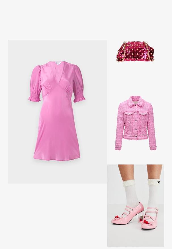 Salsa Jeans SALSA JEANS JACKEN - Chaqueta fina - rosa; Vestido de satén rosa con mangas cortas abullonadas, escote en V y detalles fruncidos en el busto y los dobladillos de las mangas. Textura suave y brillante.; Tacones de charol rosa con punta redondeada, tres tiras y adornos de cereza. El tacón bloque transparente presenta acentos florales. Calcetines blancos con relieve.; La Carrie Bandolera - fucsia