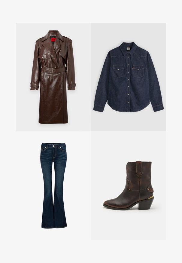 Bruine nep leren trenchcoat met een ceintuur in de taille, grote revers en frontzakken. Heeft een glanzend, gestructureerd oppervlak en knopen op de manchet.; Donkerblauw denim overhemd met lange mouwen, spitse kraag, voorsluiting met drukknopen en twee borstzakken met knopen en contrasterende stiksels.; True Religion Flared Jeans - indigo upgrade; Bruine leren cowboylaars met een puntenneus en gestapelde hak. Voorzien van een decoratief ruitpatroon en een riem met hardware accent.
