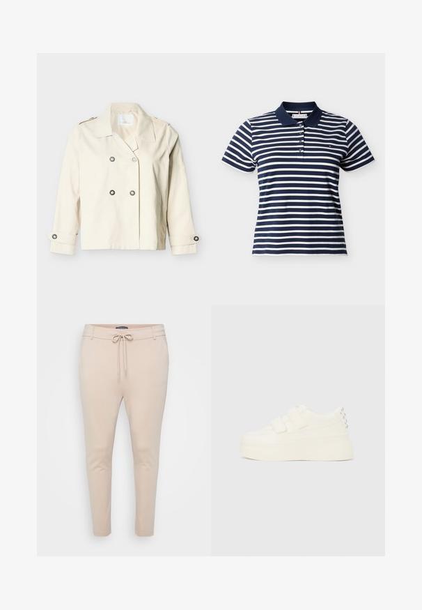 Cremefarvet, dobbeltradet cropped jakke med bred krave, fire forreste knapper og knaplåse på ærmerne.; Kortærmet polo t-shirt med horisontale striber i marineblå og hvid, med navy krave og fire knapper på fronten.; Beige letvægts joggerbukser med snoretræk i taljen og to sidelommer. Glat tekstur, tapered ben og minimalt sømadetail.; Hvid platformsneaker med dobbelte velcrobånd og sølvnitter på hælen, vist fra siden på en ensfarvet baggrund.