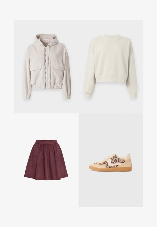 Beige corduroy jas met een capuchon, voorrits, twee borstzakken en een elastische onderrand en manchetten. Zachte textuur met zichtbaar ribbelpatroon.; Lichtbeige cropped sweatshirt met lange mouwen, geribde kraag en manchetten, zachte stofstructuur, minimalistisch design, geen zichtbare patronen of accenten.; Bordeaux suède rok met een flared vorm, elastische tailleband en twee zijzakken, met een zachte textuur en minimalistisch ontwerp.; Luipaardprint sneakers met een beige suède bovenkant, tan rubberen zool en witte accenten. Ronde neus en vetersluiting met een gestructureerde afwerking.