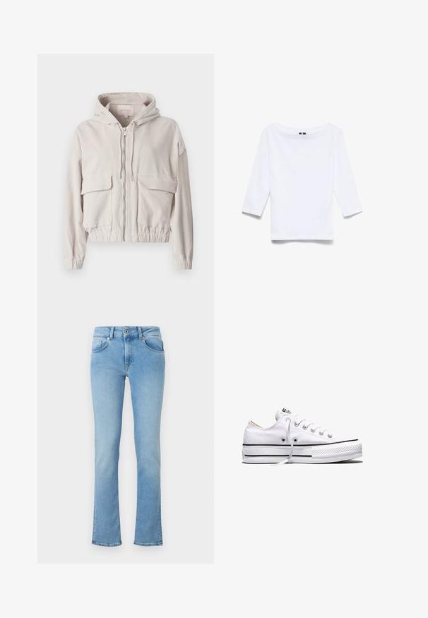 Chaqueta de pana beige con capucha, cremallera frontal, dos bolsillos en el pecho y dobladillo y puños elásticos. Textura suave con patrón de canalé visible.; Camisa blanca de manga tres cuartos hecha de una mezcla de algodón; presenta un amplio escote barco y una textura suave y ligera.; Jeans de denim azul claro con una cintura ajustada, piernas acampanadas, diseño de cinco bolsillos y cierre de botón. La tela tiene una textura suave.; Zapatilla baja de lona blanca con cordones blancos, rayas negras en la suela y puntera de goma texturizada, vista lateral sobre fondo blanco.