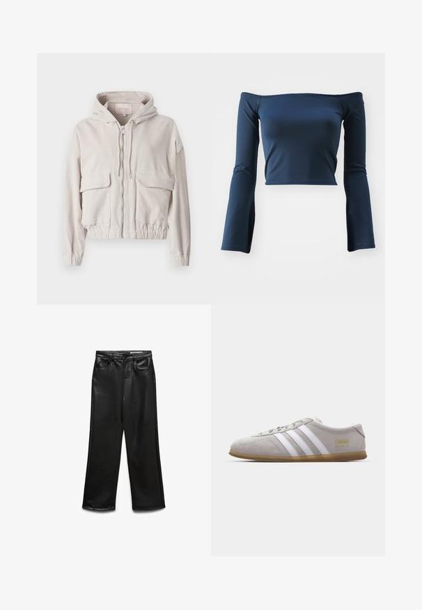 Beige cordjakke med hætte, frontlynlås, to brystlommer og elastisk kant og manchetter. Blød tekstur med synligt ribbet mønster.; Off-shoulder, cropped top i marineblå. Lange ærmer med flared ender. Fremstillet af et glat, strækbart stof. Ingen mønstre eller hardware.; Sorte bukser i bred benvidde lavet af kunstlæder med frontlommer, bæltestropper og en diskret glans. Glat tekstur og skræddersyet pasform.; Grå suedestøvle med hvide læderstriber og guldlogo-detalje. Flad gummisål, rund tå og klassisk snølukkedesign.