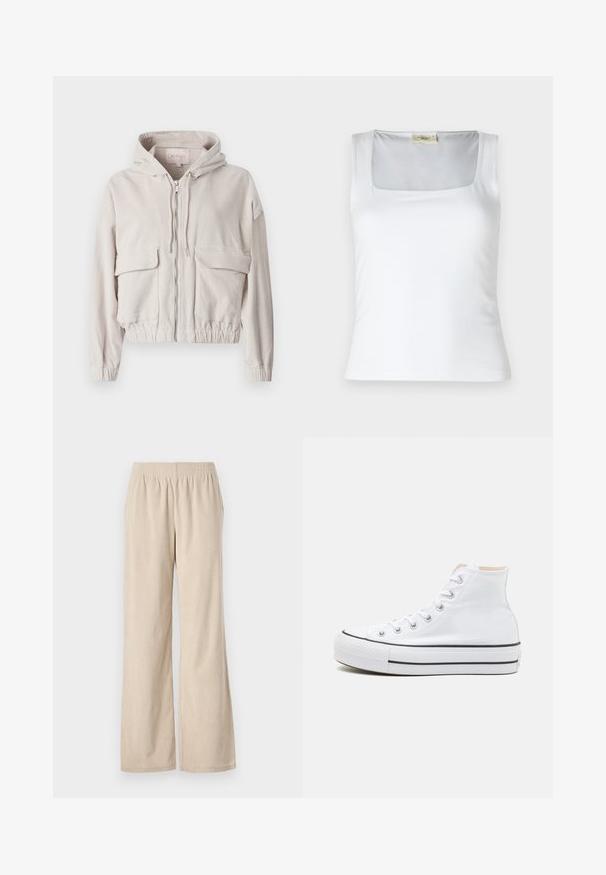 Veste en velours côtelé beige avec capuche, fermeture éclair sur le devant, deux poches poitrine et ourlet et poignets élastiqués. Texture douce avec un motif côtelé visible.; Débardeur blanc à encolure carrée fabriqué en tissu lisse. Présente des bretelles larges et une silhouette ajustée. Aucune motif ou ornement visible.; Pantalons larges en velours côtelé beige avec une taille élastique et une texture à côtes verticales, présentant un ourlet qui s'évase doucement au bas.; Baskets montantes blanches en toile, semelle en caoutchouc noir et bande noire contrastante sur la semelle intermédiaire. Bout rond et design à lacets.