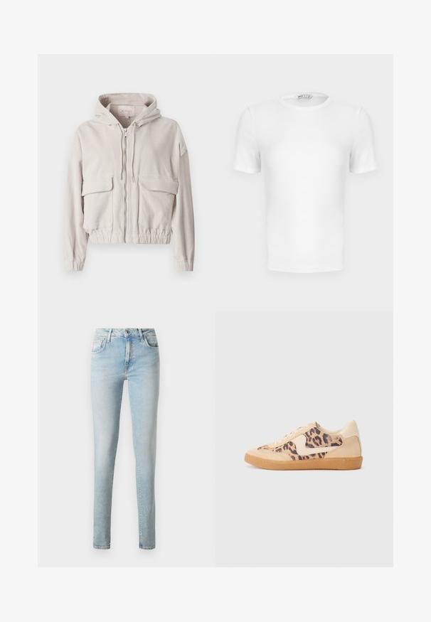 Chaqueta de pana beige con capucha, cremallera frontal, dos bolsillos en el pecho y dobladillo y puños elásticos. Textura suave con patrón de canalé visible.; Camiseta blanca de manga corta con cuello redondo acanalado, corte ajustado y una pequeña etiqueta de la marca en el interior del cuello.; Jeans de mezclilla azul claro con un corte ajustado, diseño de cinco bolsillos, lazos para cinturón clásicos y cierre con cremallera y un solo botón.; Zapatillas de leopardo con parte superior de ante beige, suela de goma marrón y acentos blancos. Punta redonda y diseño con cordones con un acabado texturado.