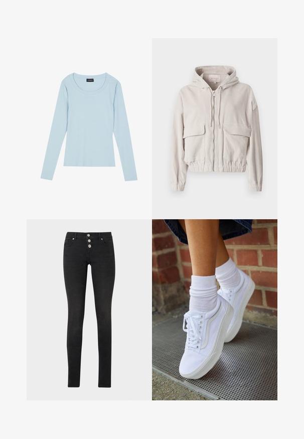 Beige cordjakke med hætte, frontlynlås, to brystlommer og elastisk kant og manchetter. Blød tekstur med synligt ribbet mønster.; Lyseblå langærmet ribbet top med rund halsudskæring og tætsiddende design. Blød tekstur med et subtilt mønster, der løber lodret.; Sorte skinny jeans lavet af denim, med høj talje og tre sølvknapper samt et klassisk design med fem lommer.; Hvide lærreds sneakers med gummisåler, der har seks snørehuller, rund tå og let sømdetaljer, krydret med hvide ankelstrømper.