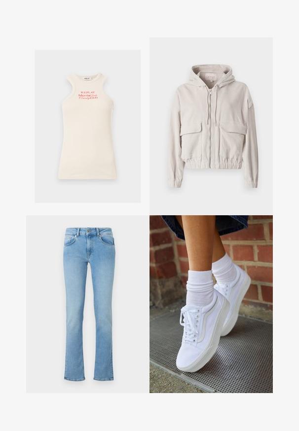 Veste en velours côtelé beige avec capuche, fermeture éclair sur le devant, deux poches poitrine et ourlet et poignets élastiqués. Texture douce avec un motif côtelé visible.; Débardeur côtelé sans manches en beige clair avec le logo rouge "REPLAY Monte Carlo Country Club". Il présente un col montant et un design unique des épaules.; Jean en denim bleu clair avec une taille ajustée, jambes évasées, design à cinq poches et fermeture par bouton. Le tissu a une texture lisse.; Baskets en toile blanches avec semelles en caoutchouc, dotées de six œillets, d'un bout rond et de détails de couture légers, portées avec des chaussettes blanches mi-mollet.