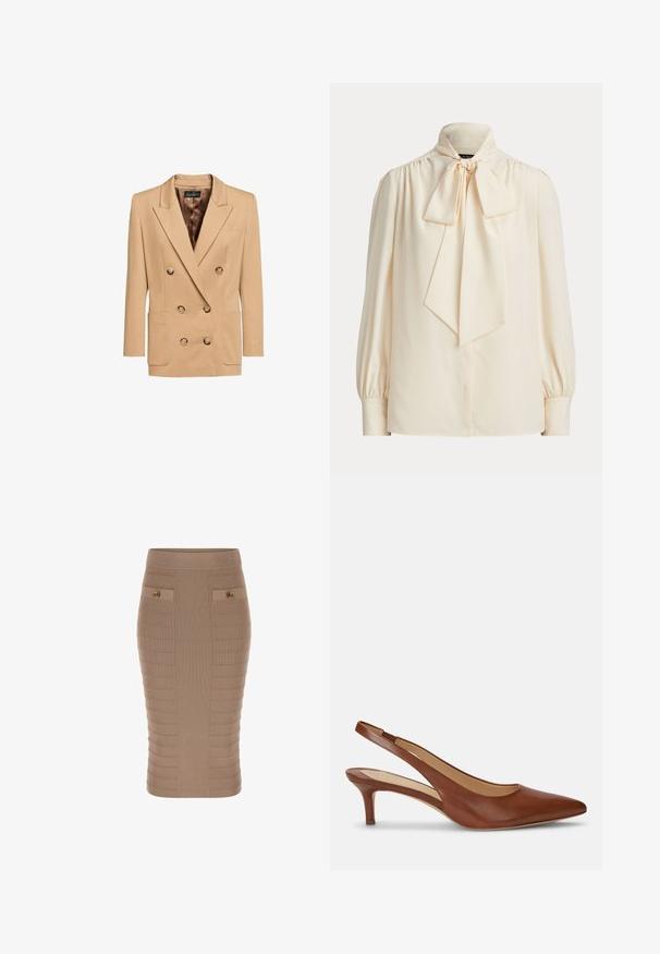 Blazer beige de doble botonadura con botones dorados, dos bolsillos frontales, solapas en pico y forro interior de satén. Textura de tela suave.; Blusa cremosa de manga larga con cuello alto y un gran lazo atado en el cuello, con hombros fruncidos y mangas con puños.; Falda lápiz de ribete beige con una silueta ajustada, patrón texturizado, dos bolsillos frontales y acentos de botones dorados. Fabricada con una tela elástica.; Zapato de mujer tipo slingback de cuero marrón con punta punteada y tacón bajo tipo kitten sobre fondo blanco.