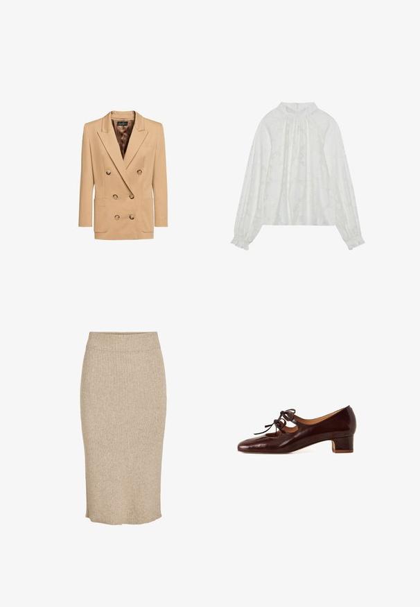 Blazer beige de doble botonadura con botones dorados, dos bolsillos frontales, solapas en pico y forro interior de satén. Textura de tela suave.; Blusa blanca de manga larga, con un patrón floral texturizado, escote fruncido y puños elásticos. Tejido suave y ligero.; Falda de punto en color beige claro con textura de canalé vertical, de longitud a la rodilla, con cintura elástica y corte recto.; Zapato de charol marrón con puntera redondeada, tacón bajo y cuadrado, y lazos decorativos en la parte superior. Presenta detalles recortados en los lados.