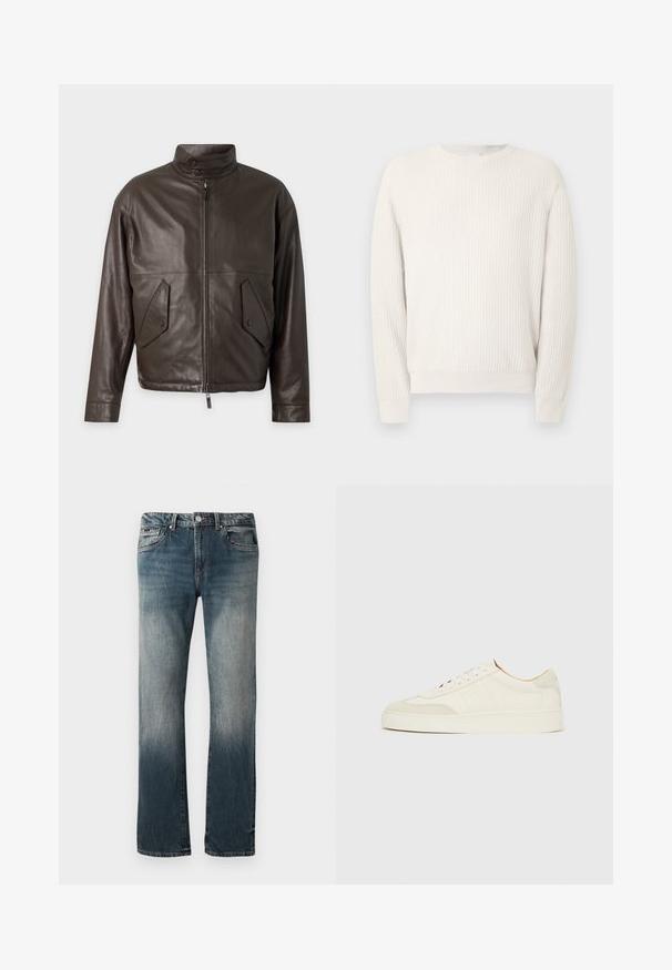 Chaqueta de cuero marrón oscuro con cuello alto, cremallera frontal y bolsillos con solapas inclinadas con botones de presión sobre un fondo claro.; Jersey de canalé de color beige claro con cuello redondo y mangas largas. Presenta un tejido texturizado y puños ajustados, ofreciendo una silueta relajada.; Jeans de mezclilla azul de corte recto para hombre con lavado desgastado y diseño de cinco bolsillos sobre un fondo blanco.; Zapatillas de ante blanco con acabado liso, puntera redonda, diseño plano con cordones y detalles texturizados contrastantes. Presentan un detalle de logo sutil.