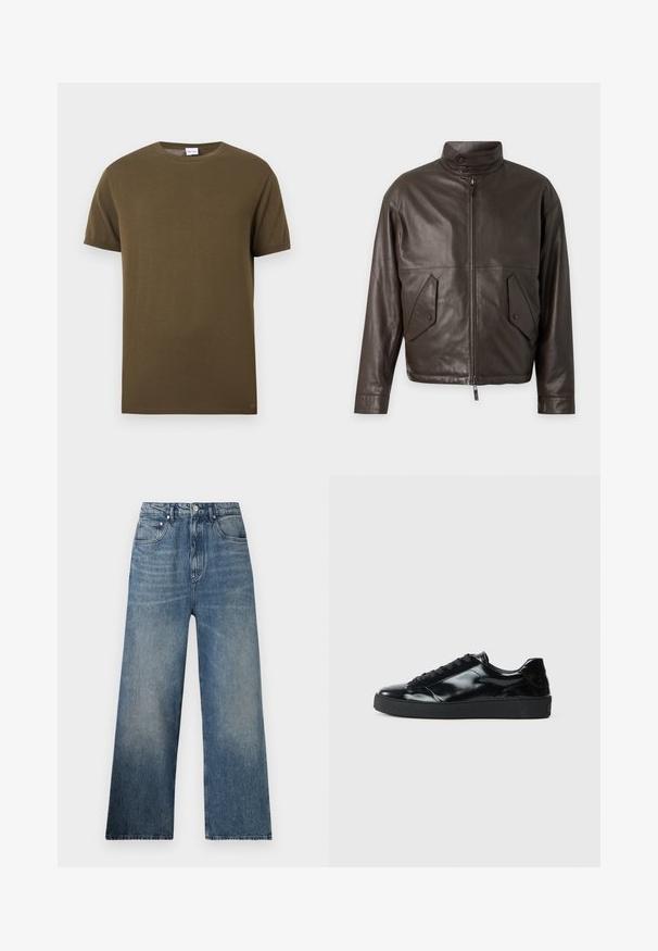 Veste en cuir marron foncé avec col montant, fermeture éclair devant et poches à rabat inclinées avec boutons-pressions sur fond clair.; T-shirt à manches courtes et col rond de couleur vert olive avec une texture lisse et unie, présenté sur un fond blanc.; Jean large en denim bleu à taille haute, avec une légère décoloration, cinq poches et une fermeture à bouton en métal à l'avant.; Baskets en cuir verni noir avec un bout arrondi, un laçage, une semelle en caoutchouc texturé et une finition lisse.