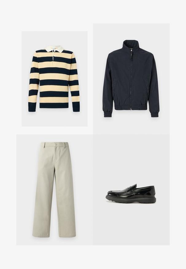 Veste zippée bleu marine foncé avec col montant, poignets et taille élastiques, et deux poches latérales sur un fond uni.; Chemise de rugby en maille à manches longues avec de larges rayures horizontales bleu marine et beige, col blanc et deux boutons blancs au niveau de l'encolure.; Han Kjøbenhavn WIDE LEG - Pantalon classique - light grey; Mocassin en cuir noir avec une finition brillante, bout arrondi, détails de couture subtils et semelle en caoutchouc épaisse pour la durabilité.