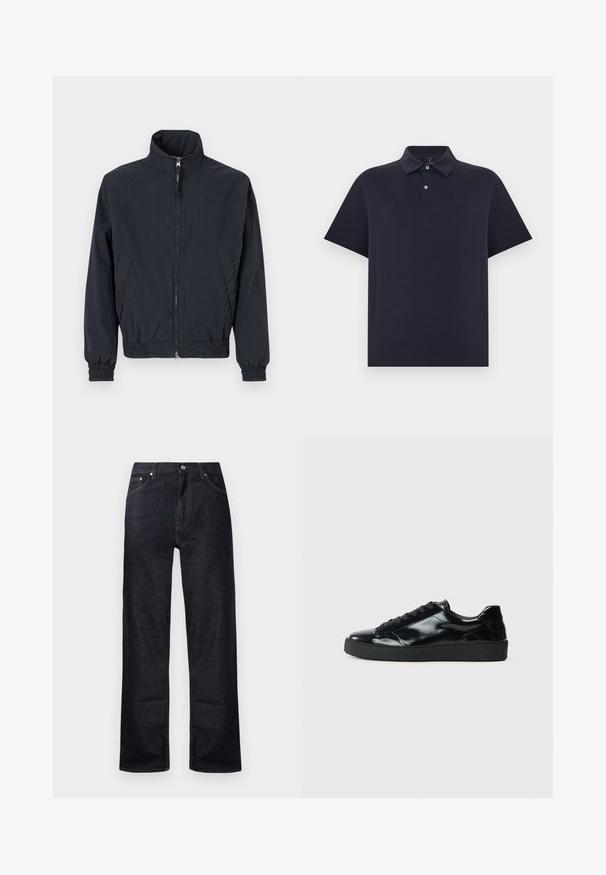 Donkerblauwe ritsjas met opstaande kraag, elastische manchetten en tailleband, en twee zijzakken op een effen achtergrond.; Zwart poloshirt met korte mouwen, voorzien van een tweeknops placket en een klassieke kraag, tegen een effen lichte achtergrond.; Donkerblauwe spijkerbroek met een recht model, vijf zakken en oranje stiksels. Metalen knoop en ritsluiting.; Zwarte gepatenteerde leren sneakers met een ronde neus, vetersluiting, een gestructureerde rubberen zool en een glanzende afwerking.