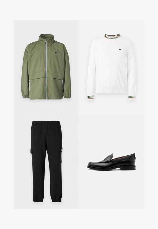 Chaqueta verde oliva con cuello alto, cremallera frontal, puños elásticos y dos bolsillos laterales; presenta un pequeño logo en el pecho.; Suéter blanco con cuello redondo, que presenta acentos de rayas verdes, rojas y naranjas en el cuello y las mangas. Logo de Lacoste en el pecho.; Pantalones de chándal negros con cintura elástica, puños ajustados y bolsillos laterales tipo cargo. Fabricados con material suave y textura lisa.; Mocasín de hombre de piel negra con costura moc toe, tira penny, cuello texturizado y tacón bajo apilado sobre fondo blanco.