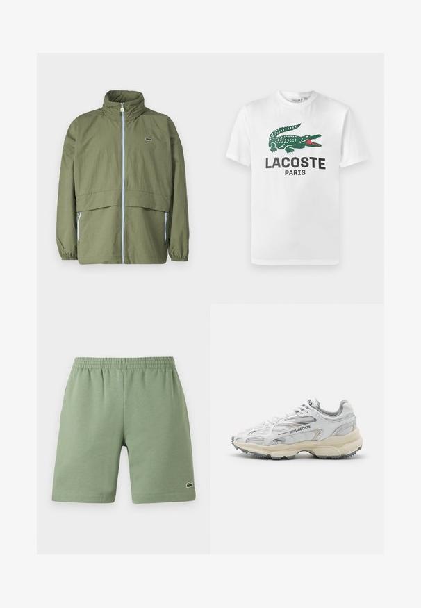 Oliivroheline jakk kõrge kraega, ees tõmblukuga, elastsete varrukatega ja kahe küljetaskuga; rinnal on väike logo.; Lacoste Trükipildiga T-särk - white; Roheline puuvillane lühike püksid elastse vöökohtaga, mugav lõige ja väike broderi logo alumisel vasakul poolel. Sile tekstuur, taskuteta.; Valged spordijalatsid hallide aktsentidega, suvijõud, nailon ja sünteetiline ülemine osa, nöörimise disain ning tekstuuriga kummist tald, millel on haardemustrid.