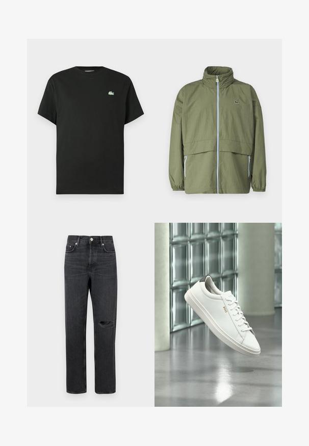 Chaqueta verde oliva con cuello alto, cremallera frontal, puños elásticos y dos bolsillos laterales; presenta un pequeño logo en el pecho.; Camiseta de algodón negra con cuello redondo, mangas cortas y un logo bordado verde en el lado izquierdo del pecho. Textura suave, corte holgado.; Pantalones vaqueros de mezclilla negra con pierna recta, que presentan una rodilla rota, diseño de cinco bolsillos y herrajes metálicos en la cintura y los bolsillos.; Zapatilla deportiva de piel blanca de corte bajo con cordones, lengüeta negra en el talón y logo "BOSS", flotando en interiores cerca de una pared de bloques de vidrio y suelo pulido.