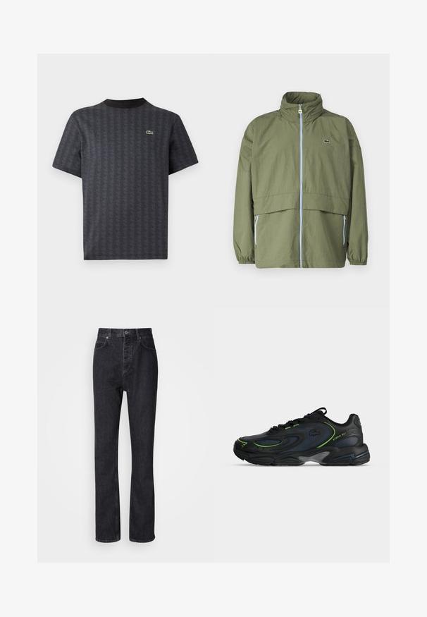 Jachetă verde măsliniu cu guler înalt, fermoar frontal, manșete elastice și două buzunare laterale; prezintă un logo mic pe piept.; Tricou negru cu maneci scurte, având un model geometric și un logo verde de crocodil, cu un guler rotund solid negru.; Blugi negri din denim cu talie înaltă, cu închidere prin buton și fermoar, buzunare frontale și posterioare, și croială dreaptă.; Sneaker negru și bleumarin cu accente verzi, design cu șireturi și talpă groasă, vedere laterală cu textul "STORM 2K" aproape de călcâi.