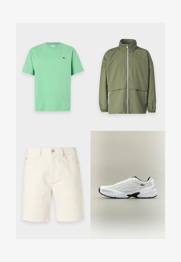 Chaqueta verde oliva con cuello alto, cremallera frontal, puños elásticos y dos bolsillos laterales; presenta un pequeño logo en el pecho.; Camiseta de algodón verde menta con cuello redondo, mangas cortas y un pequeño logotipo bordado en el lado izquierdo del pecho.; Pantalones cortos de mezclilla en color beige claro con un corte clásico, que presentan bolsillos frontales, trabillas para el cinturón y cierre de botón. Textura suave con un color sólido.; Zapatilla deportiva blanca con parte superior de malla texturizada, diseño curvado y suela exterior negra en contraste. Presenta un logo verde bordado en el lateral.