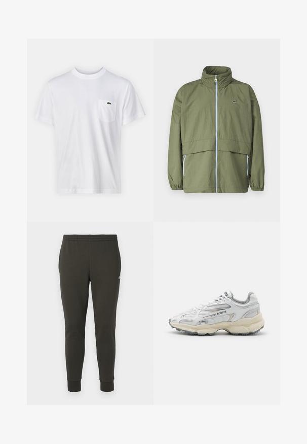 Veste vert olive avec un col montant, fermeture éclair à l'avant, poignets élastiques et deux poches latérales ; présente un petit logo sur la poitrine.; T-shirt en coton blanc avec un col rond et des manches courtes. Il présente une poche sur la poitrine gauche et un petit logo Lacoste vert.; Jogging en vert foncé en tissu doux, avec une taille élastique, des poignets côtelés et un petit logo sur le côté.; Baskets de sport blanches avec des accents gris, tige en maille et synthétique, design à lacets et semelle en caoutchouc texturée avec motifs de traction.