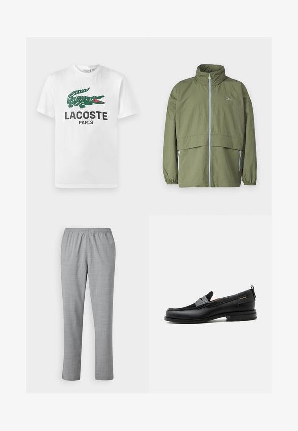 Olivovo zelená bunda s vysokým golierom, predným zipsom, elastickými manžetami a dvoma bočnými vreckami; na hrudi sa nachádza malé logo.; Lacoste Tričko s potlačou - white; Sivé, ľahké nohavice s hladkým povrchom, elastickým pásom a rovnými nohavicami. Obsahujú jemný, subtílny vzor po celom povrchu.; Čierny kožený mokasín so sivým remienkom, nízkym podpätkom a textúrovanou podrážkou, so značkou "HUGO" v zlatej farbe na boku.