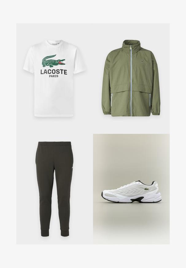 Oliivivihreä takki, jossa on korkea kaulus, etuvetoketju, joustavat hihansuut ja kaksi sivutaskua; takissa on pieni logo rinnassa.; Lacoste Printtipaita - white; Tummanvihreät jogginghousut, jotka on valmistettu pehmeästä kankaasta. Ne sisältävät joustavan vyötärön, ribattuja hihansuita ja pienen logon sivussa.; Valkoiset urheilukengät, joissa on verkkomainen tekstuuripinta, kaareva muotoilu ja kontrastivärinen musta pohja. Sivulla vihreä brodeerattu logo.