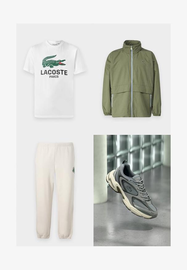 Oliivroheline jakk kõrge kraega, ees tõmblukuga, elastsete varrukatega ja kahe küljetaskuga; rinnal on väike logo.; Lacoste Trükipildiga T-särk - white; Heledadbežased püksid, mis on valmistatud puuvillast, varustatud elastse vöökohtaga, soonikute lõpetustega ja vasakul jalal on roheline logo lehe kujundusega.; Hall ja valge spordijalats võrgusilma ja nahast detailidega, hõljuv lihvitud betoonpõranda kohal klaasplokkseinaga taustal.