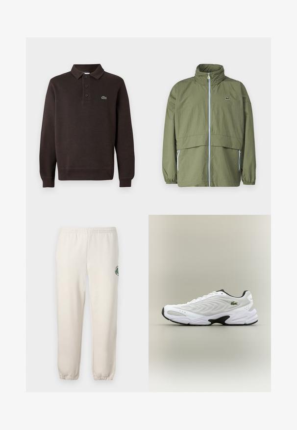 Olivengrøn jakke med høj krave, frontlynlås, elastiske ærmer og to sidelommer; har et lille logo på brystet.; Brun langærmet polo shirt lavet af tekstureret stof, med en tre-knaps placket og et lille Lacoste-logo på brystet.; Lys beige sweatpants lavet af bomuld, med elastisk talje, ribbede mansjetter og et grønt logo med bladdesign på venstre ben.; Hvide atletiske sko med tekstureret mesh-overdel, buet design og kontrasterende sort ydersål. Har en grøn broderet logo på siden.
