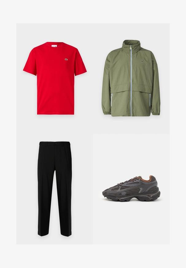 Chaqueta verde oliva con cuello alto, cremallera frontal, puños elásticos y dos bolsillos laterales; presenta un pequeño logo en el pecho.; Camiseta de algodón roja con mangas cortas, cuello redondo y un pequeño logo de cocodrilo verde en el lado izquierdo del pecho. Textura suave, corte casual.; Pantalones negros de tela suave, con corte recto, dos bolsillos frontales y cremallera con cierre de botón.; Zapatillas Lacoste en gris oscuro con material de malla y sintético, que cuentan con una suela texturizada y detalles en marrón en el cuello y la marca.