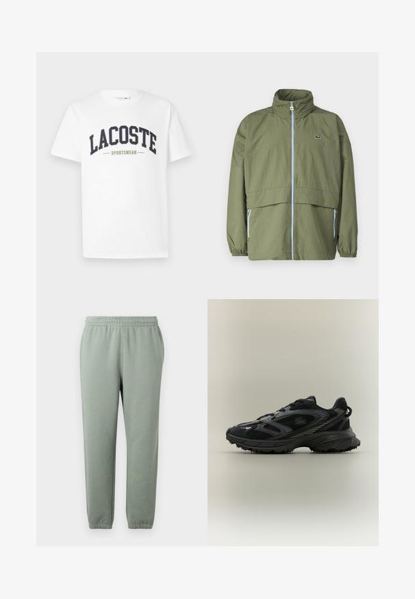 Chaqueta verde oliva con cuello alto, cremallera frontal, puños elásticos y dos bolsillos laterales; presenta un pequeño logo en el pecho.; Camiseta blanca de algodón con un diseño curvado de logo "LACOSTE SPORTSWEAR" en color azul marino y verde oliva impreso en el pecho.; Pantalones de chándal verde claro con una cinturilla elástica, piernas ajustadas y puños en los tobillos. Fabricados con un tejido suave y ligero.; Zapatilla deportiva negra con paneles de malla, suela texturizada, cordones y una silueta curvada con acentos plateados en los laterales.