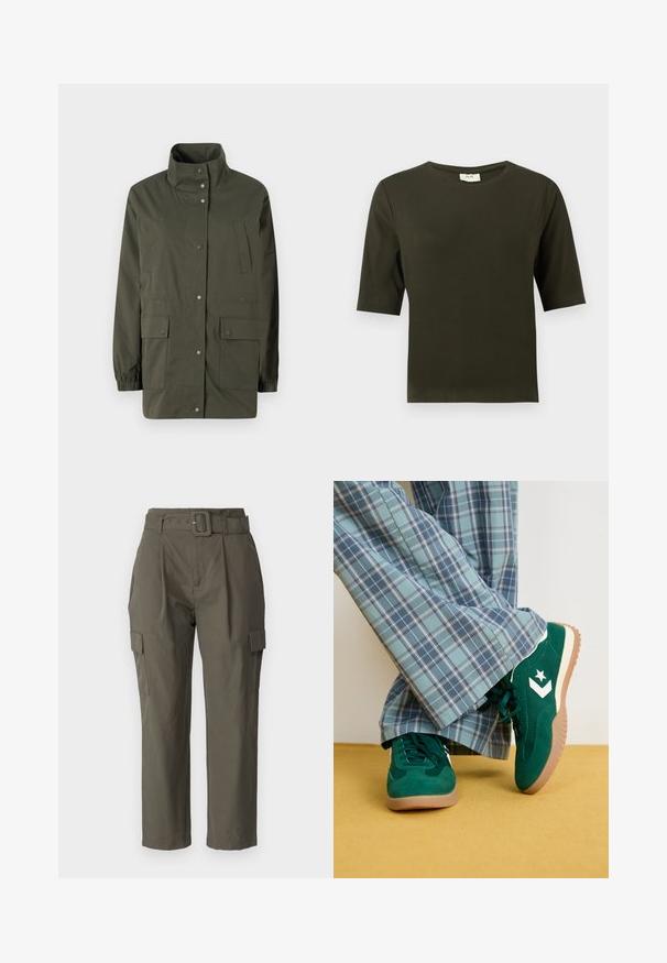 Chaqueta ligera de color verde oliva con cuello alto, botones a presión y dos bolsillos de parche en la parte delantera. Cuenta con puños elásticos y un corte recto.; Camiseta de manga corta verde oscuro con cuello redondo, hecha de una tela suave, que presenta un diseño simple y de corte recto.; Pantalones cargo en verde oliva, hechos de tela ligera. Las características incluyen una cintura con cinturón, pliegues frontales y bolsillos laterales con cierres de solapa.; Zapatillas de ante verdes con acentos blancos y un logo de estrella, combinadas con pantalones de cuadros azules de pierna ancha, sobre un suelo amarillo.