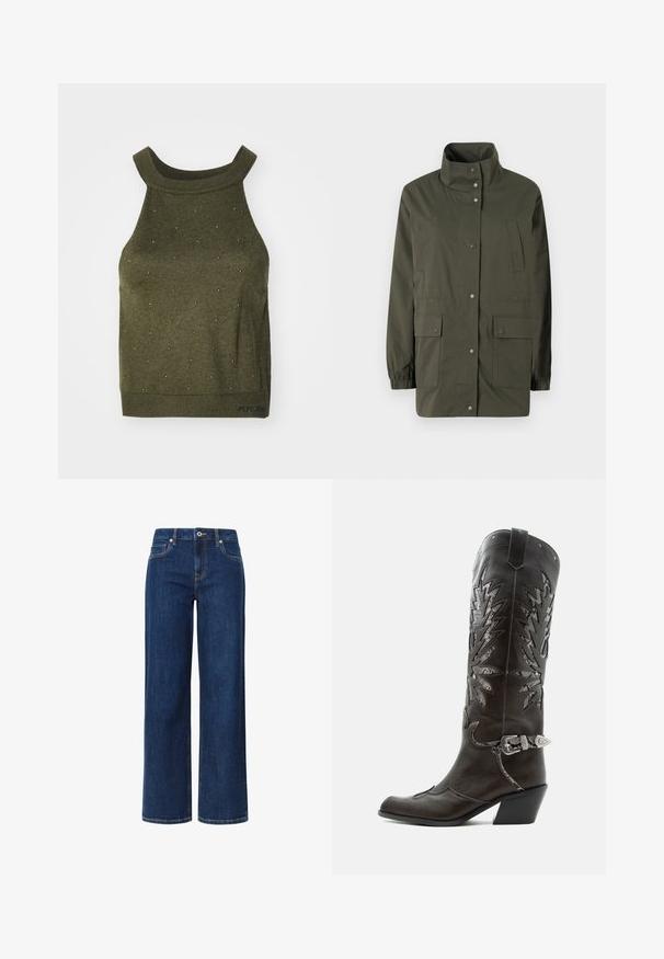 Chaqueta ligera de color verde oliva con cuello alto, botones a presión y dos bolsillos de parche en la parte delantera. Cuenta con puños elásticos y un corte recto.; Top de punto verde oliva con cuello alto, que presenta pequeños tachuelas metálicas en un patrón de puntos y detalle de dobladillo con la marca.; Jeans de pierna ancha en denim azul oscuro con una textura suave, que presentan un cierre de botón y cremallera, cinco bolsillos y costuras en contraste.; Bota cowboy de cuero negro con recortes decorativos, hebilla plateada y tacón inclinado, presentada sobre fondo blanco.