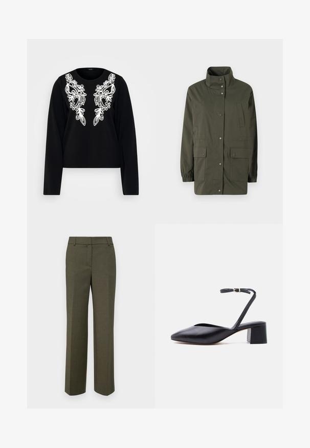 Olivengrüne, leichte Jacke mit hohem Kragen, Druckknöpfen und zwei aufgesetzten Taschen vorne. Verfügt über elastische Bündchen und einen geraden Schnitt.; Schwarzes Langarmoberteil mit aufwändiger weißer Stickerei auf der Vorderseite, rundem Ausschnitt und taillierter Silhouette. Weicher Stoff.; Olivgrüne maßgeschneiderte Hose aus strukturiertem Stoff. Merkmale ein gerades Bein-Design mit flachem Vorderteil und ohne sichtbare Verzierungen.; Schwarzer Leder-Pumps mit niedrigem Blockabsatz, spitz zulaufender Schuhspitze und dünnem Knöchelriemen mit goldener Schnalle vor hellem Hintergrund.