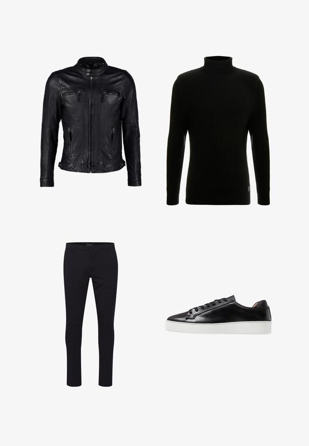 Sort læderjakke med standkrave, frontlynlås og to brystlommer med lynlås, med sømløs skulderdesign og minimal syning.; Sort turtleneck sweater med lange ærmer, ribbet tekstur, tætsiddende silhuet og lille mærke nederst til venstre.; Mørkeblå slim-fit bukser lavet af et glat, vævet stof. Har standard talje med frontlommer og en enkelt knap lukning.; Sorte lædersneakers med en glat finish, der har en hvid gummisål, snøreføring og minimalistiske designaccenter.