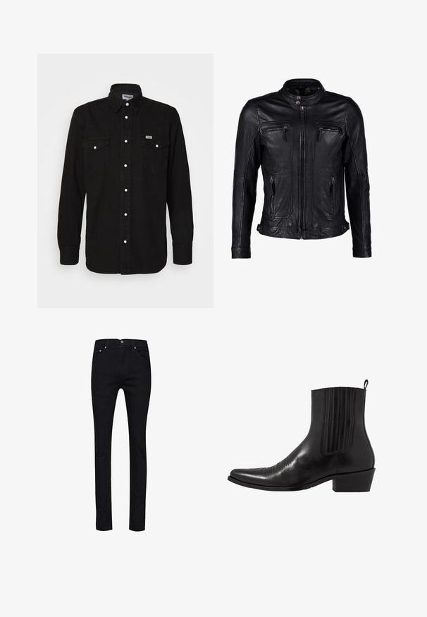 Veste en cuir noir avec col montant, fermeture zippée à l'avant et deux poches poitrines zippées, dotée d'un design d'épaule sans couture et de coutures minimales.; Chemise noire à manches longues avec col pointu, deux poches poitrine, boutons-pression blancs et tissu texturé. Logo Wrangler sur la poitrine gauche.; Jean noir en denim, avec une coupe droite, cinq poches, des boutons en métal, et une seule poche arrière avec un détail de couture.; Bottine noire en cuir avec un bout pointu, des panneaux latéraux élastiques, des accents de coutures verticales et un petit talon bloc.