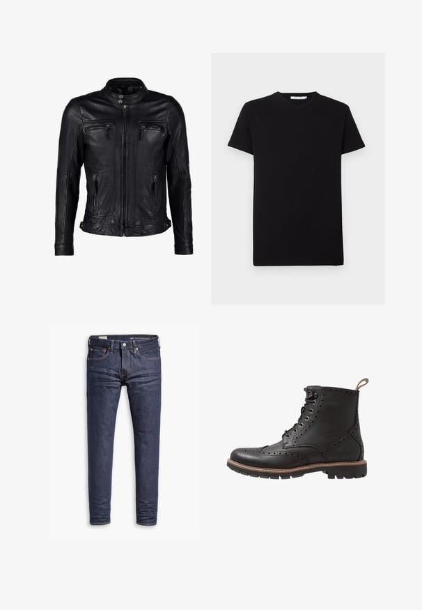Sort læderjakke med standkrave, frontlynlås og to brystlommer med lynlås, med sømløs skulderdesign og minimal syning.; Sort bomulds T-shirt med korte ærmer og V-hals. Simpelt design, ensfarvet og blød tekstur. Ingen synlige mønstre eller detaljer.; Mørkeblå slim-fit Levi's Performance jeans med fem lommer og synlig syning på hvid baggrund.; Sorte læder ankelstøvler med brogue-detaljer, snørebånd foran og gummisål med tekstureret sål. Brune stikninger fremhæver kanten.
