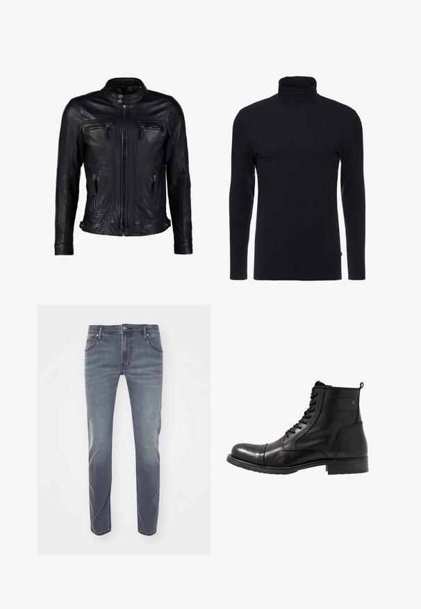 Veste en cuir noir avec col montant, fermeture zippée à l'avant et deux poches poitrines zippées, dotée d'un design d'épaule sans couture et de coutures minimales.; T-shirt noir à manches longues et col roulé en tissu doux et extensible. Présente un design ajusté et une texture lisse. Aucun motif ni accent visible.; Jeans en denim bleu foncé avec une coupe droite, un léger délavage, des passants de ceinture, des poches avant et un petit logo sur la taille.; Bottines noires en cuir avec un bout arrondi, un laçage à l'avant, des accents texturés et un petit talon épais.